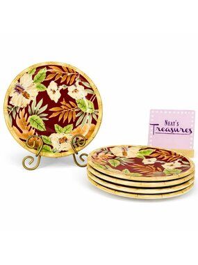 Home Trends HIBISCUS Bamboo Edge Ferns Floral Red Border Salad Lunch Plate Set 5